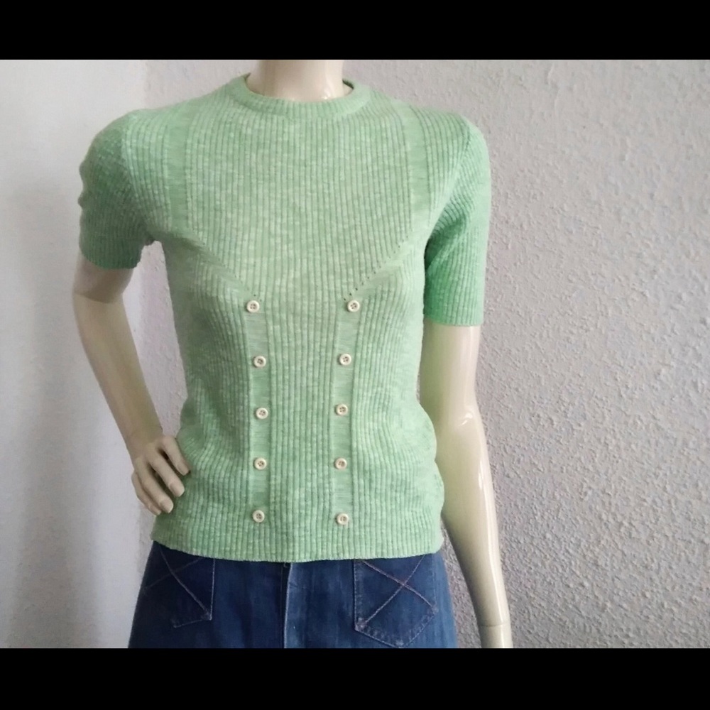 VTG 70s ribbed green top sweater buttons wool knit stretchy made in Italy